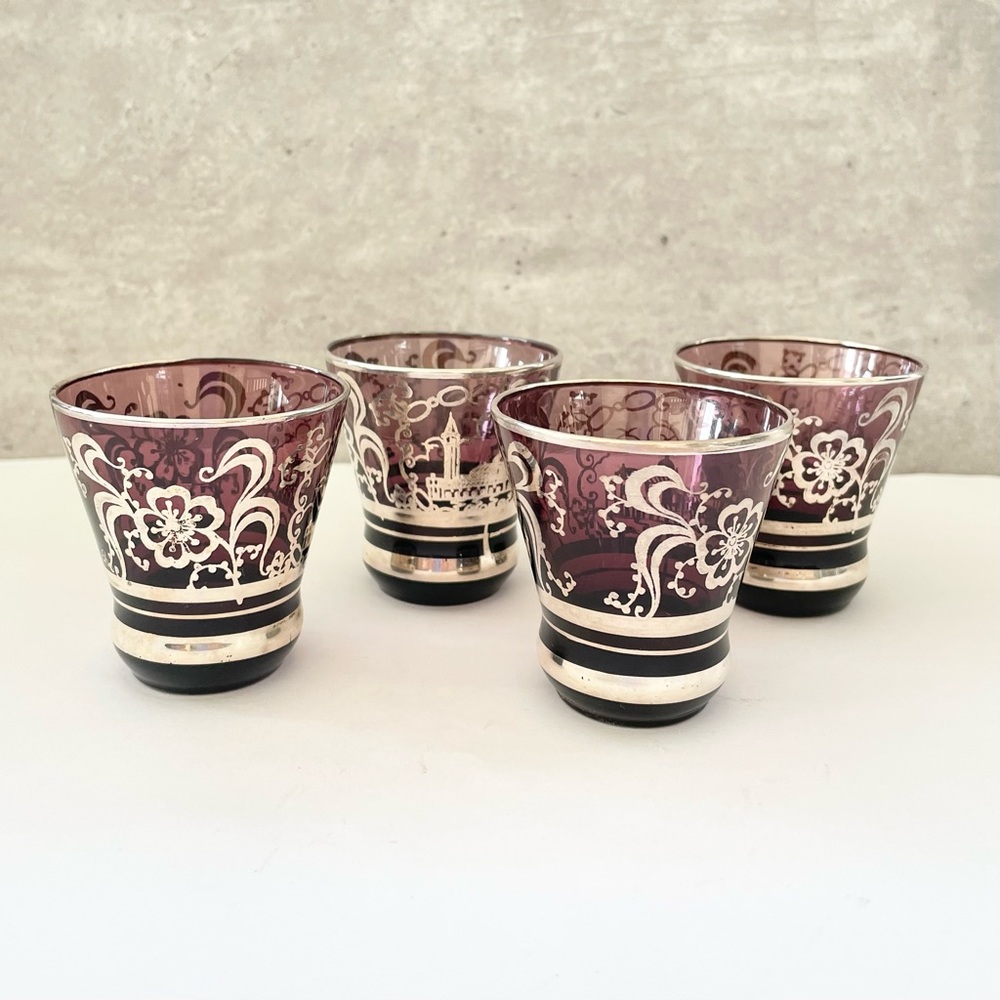 Vtg Venetian Silver Overlay Amethyst Crystal Shot Glass Liquor Set 4 Handmade